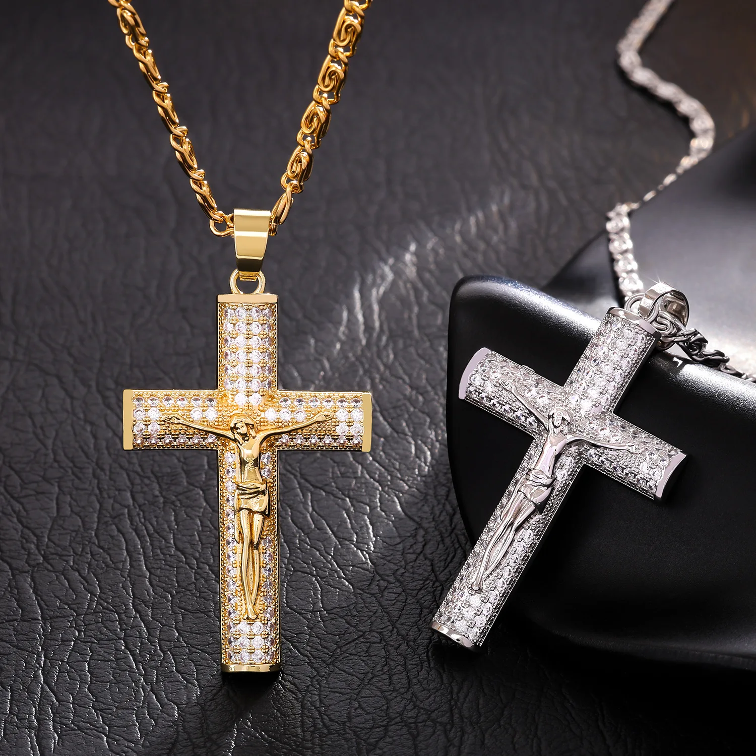 Minimalist Style Men's Zircon Cross Pendant Necklace Punk Hip-Hop Pendant Personalized Fashion Street Domineering Chain Accessor