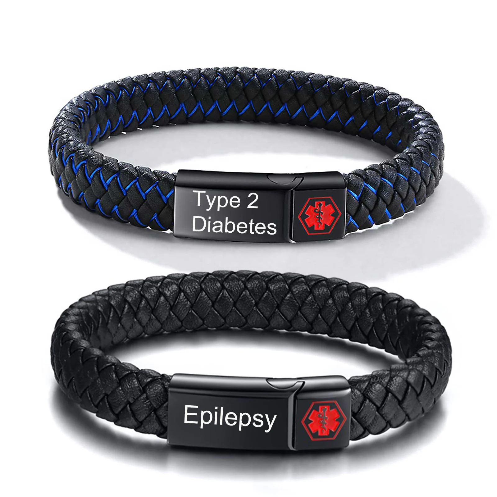 Red Medical Men's Bracelet,Black Genuine Leather ID Bracelet,Type 1/2 Diabetes Alzheimer Epilepsy Customize Bracelet