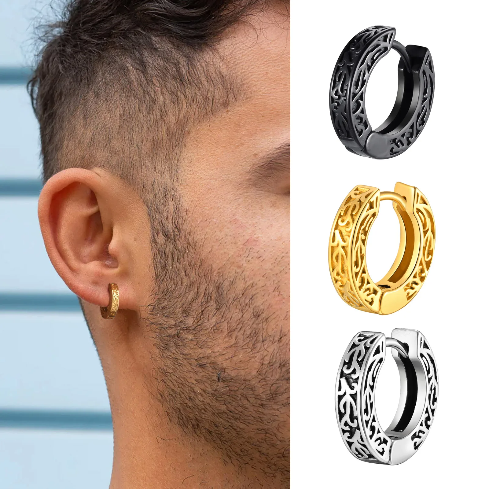 Totem Hoop Earrings for Men Teens,Black Anit Allergy Stainless Steel Huggies Earrings,Rock Punk Ear Jewelry