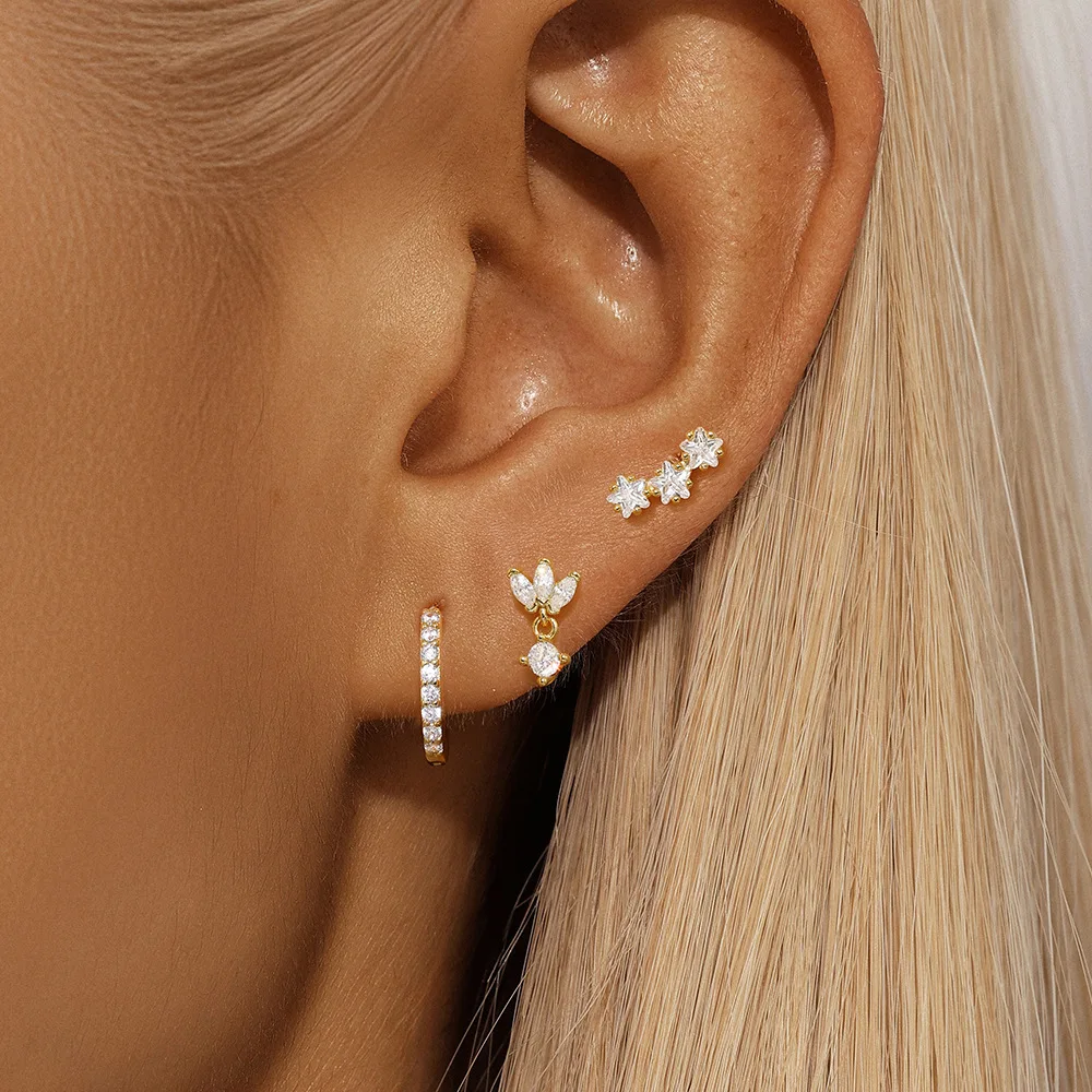 3PCS Fashion Mini Flower Crown Zircon Stud Earrings Set Gold Plated Hoop Cartilage Helix Lobe Piercing Earrings Women's Jewelry