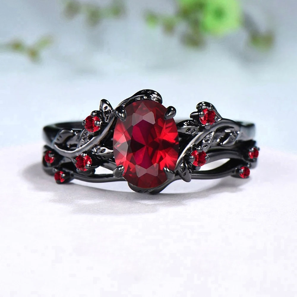 Two-piece Set Classic Gun Black Rose Branches Ring Women's Vintage Inlaid Red Cubic Zircon Finger Rings Fashion wedding Jewelry