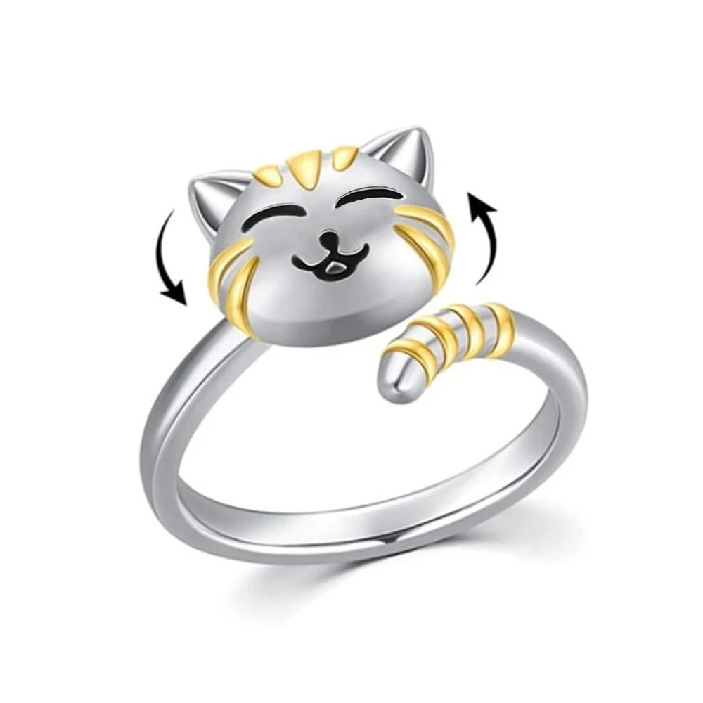 Cute Cartoon Cat Anxiety Relieve Spinner Rings Kitten Animal Anxiety Relieve Open Adjustable Fidget Ring Rotate Freely Jewelry