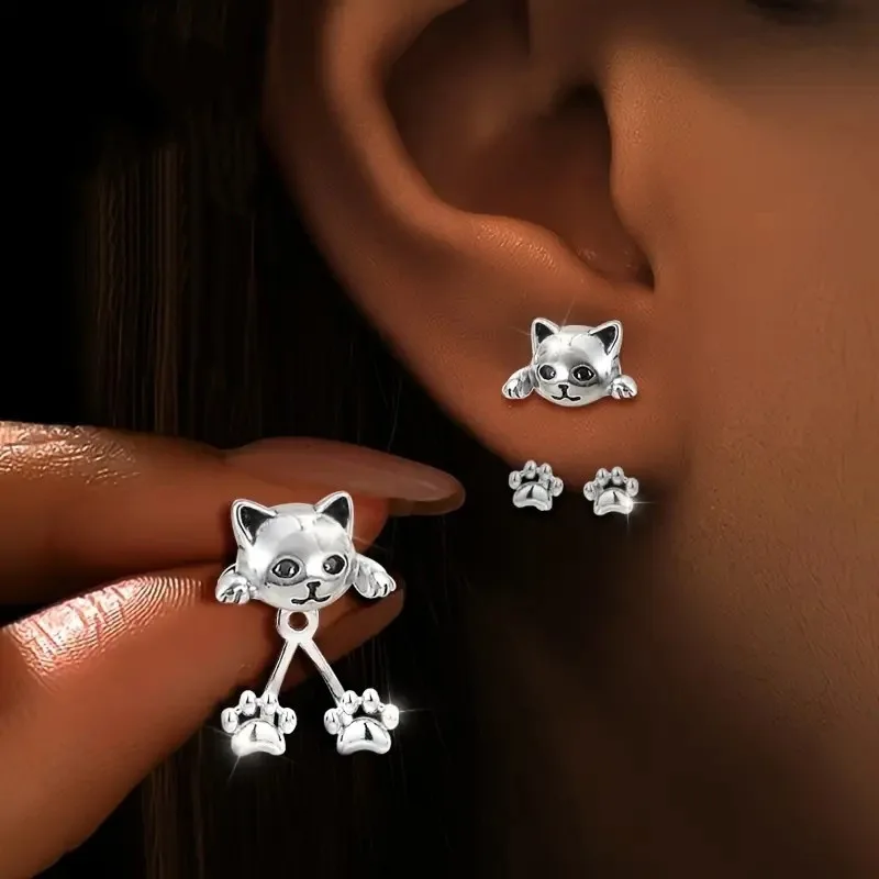 Vintage Cat Cat Paw Back Hanging Stud Earrings Unique Niche Design High End Earrings Gift Earrings